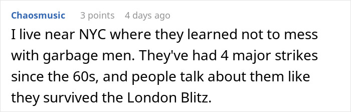 Text discussing NYC garbage collectors' strikes and their impact since the 1960s, referencing the London Blitz.