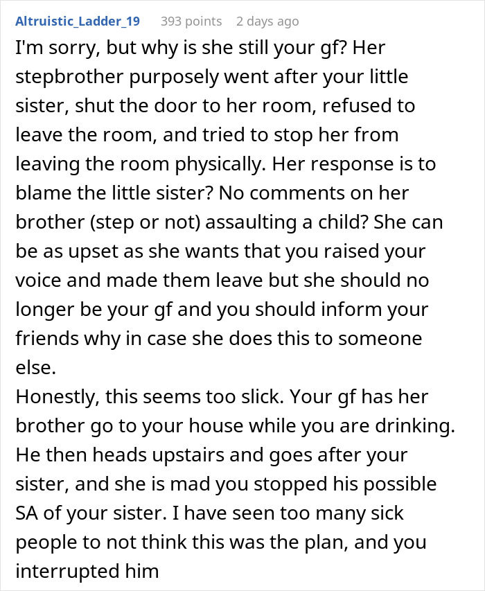 Reddit post discussing fallout after a girlfriend's stepbrother allegedly behaves inappropriately toward a sibling.