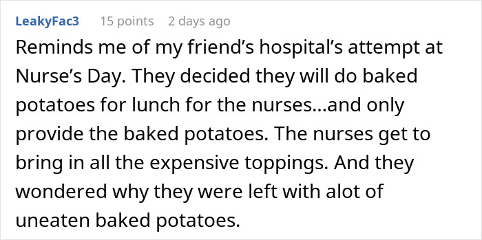 Text comment about an appreciation potluck offering only baked potatoes, leading to disappointment.