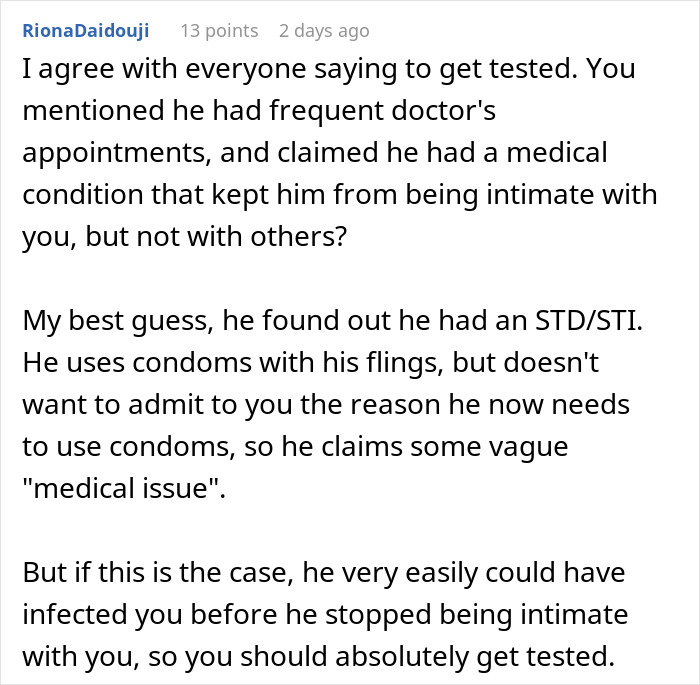 Text discussing a man's discovery of his partner cheating for two years, with advice to get tested.