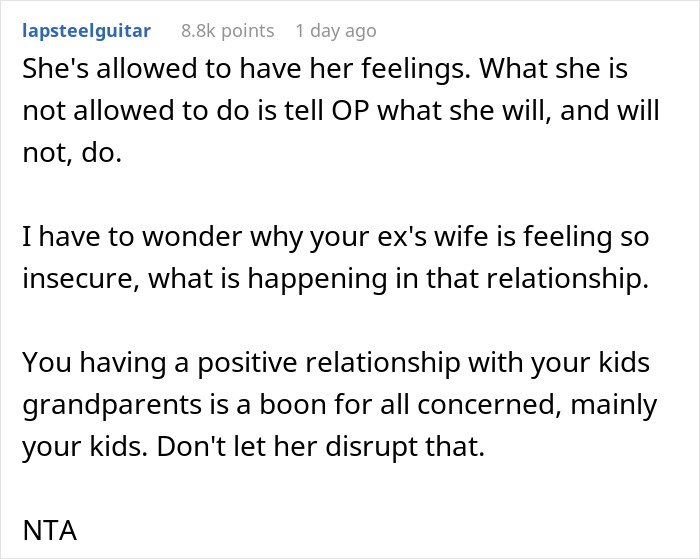 Reddit comment discussing a woman's positive relationship with ex-MIL despite a fuss from ex's new wife.