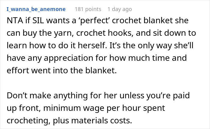 Comment discussing demands for a perfect handmade gift and labor appreciation.