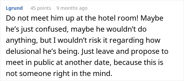 Screenshot of a Reddit comment advising against meeting a person alone in a hotel room after a rejected proposal in public.