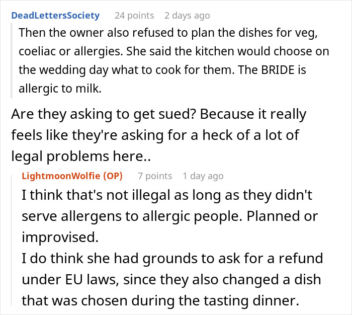 Discussion on wedding caterer dispute about allergy accommodations.