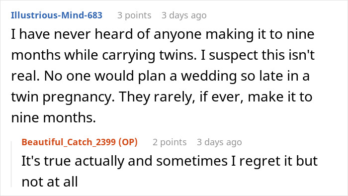 Reddit comment thread discussing pregnancy on wedding day and reactions at the reception.