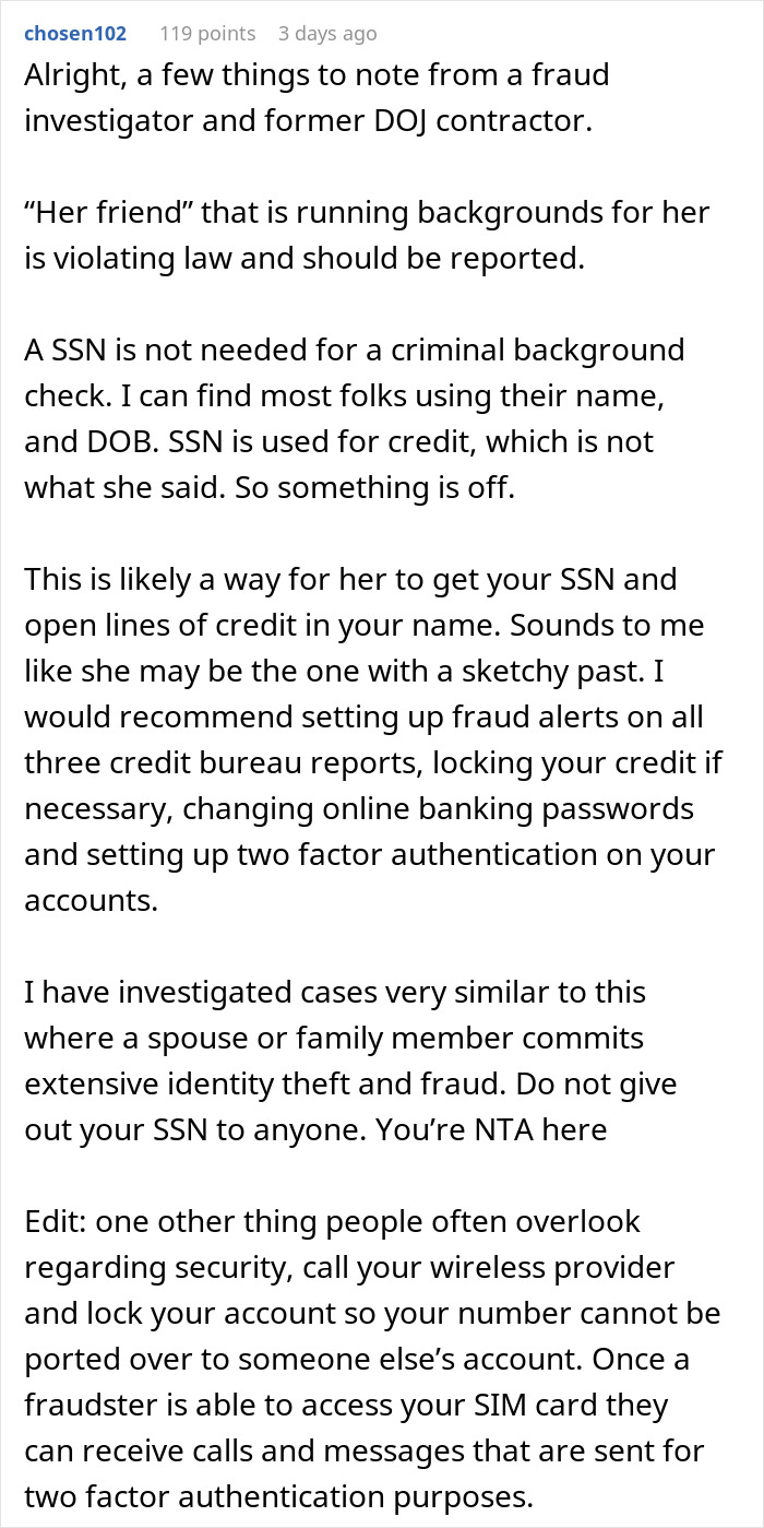 Text discussing fraud investigation related to a girlfriend wanting her boyfriend's social security number for a background check.