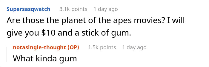 Reddit comment exchange about "Planet of the Apes," mentioning $10 offer and gum.