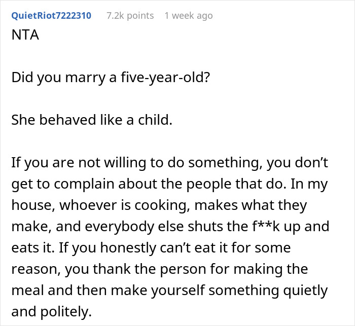 Text from Reddit about a husband-wife cooking drama, discussing maturity and gratitude.