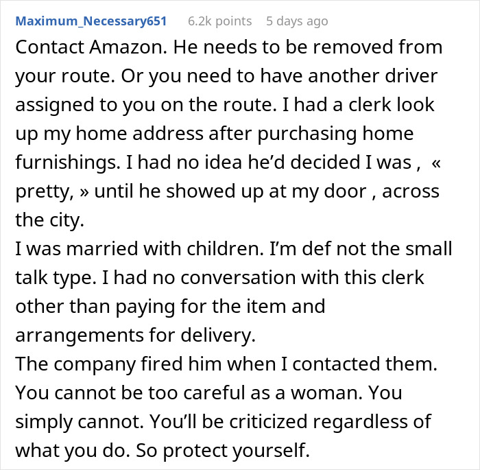 Reddit comment about an Amazon driver leaving an inappropriate note, expressing concerns about safety and reporting the issue.