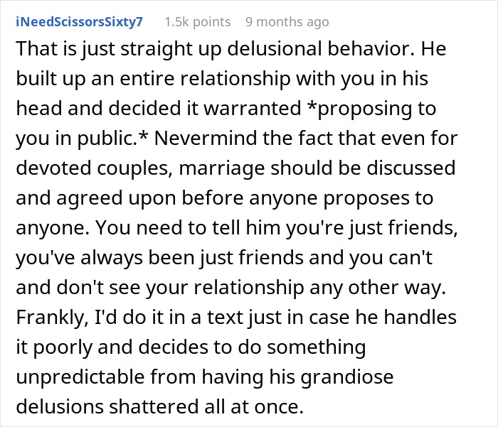 Comment criticizing a public proposal after catching a friend off guard, advising communication about relationship boundaries.