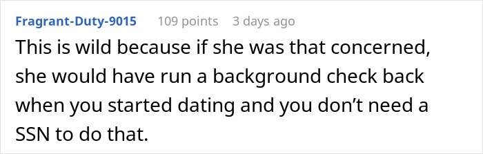 Comment discussing social security number and background check in a relationship.