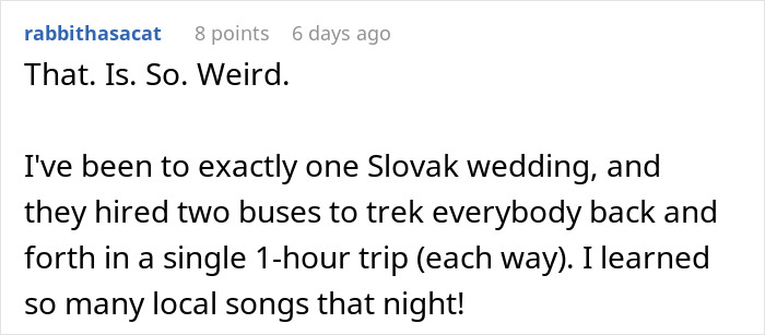 Comment discussing a Slovak wedding transport arrangement using two buses for guests.