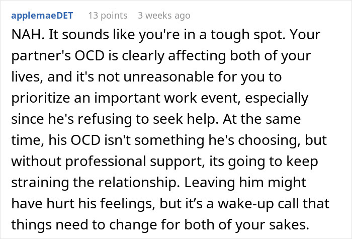 Text exchange discussing the impact of OCD on a relationship and managing priorities.