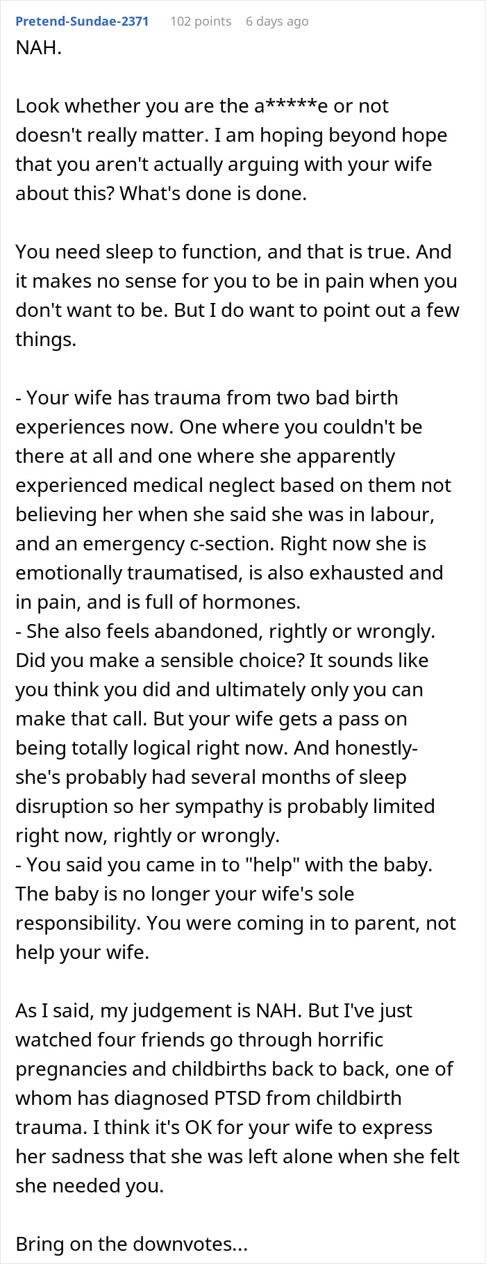 Reddit post discussing man's decision not to stay with his wife after her C-section.