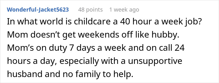 Comment discussing the challenges of childcare and an unsupportive husband for a new mom.