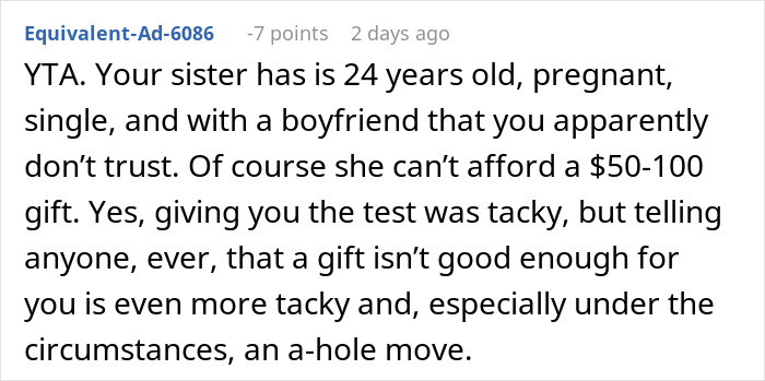 Comment about a sister\'s pregnancy announcement not being an adequate Christmas gift, sparking an emotional response.