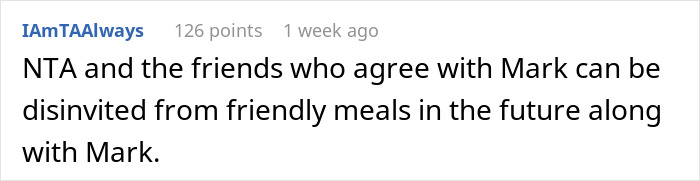 User comment about Mark being disinvited for snarky remarks at a home-cooked meal.