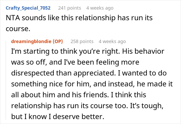 Reddit comments discussing relationship issues and feelings of disrespect at a boyfriend's birthday dinner.