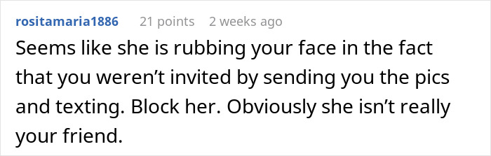 Reddit comment discussing a woman not being invited to her best friend's wedding.