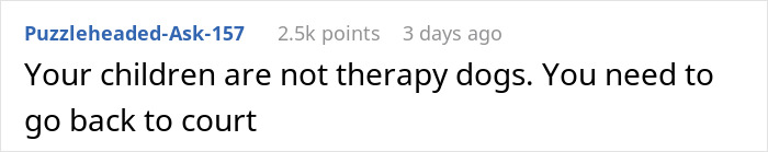 Comment on Reddit discussing children and therapy dogs related to a court issue.