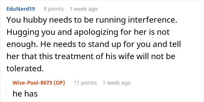 Reddit comment discussing relationship advice, mentioning mil-threats-contact-baby-name context.