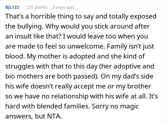 Text screenshot about family acceptance and struggles in blended families, mentioning a grandmother's criticism.