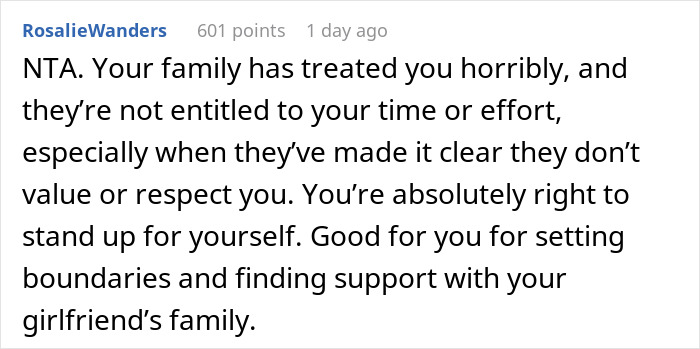 Comment supporting teen rejecting babysitter role, emphasizing boundaries and self-respect.