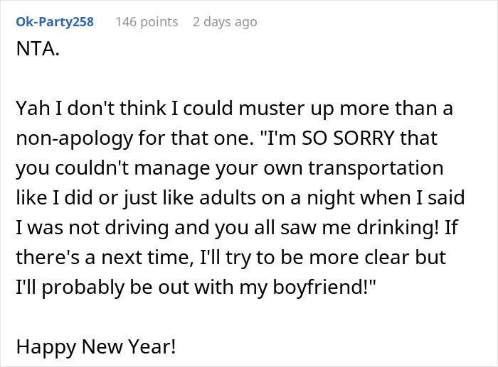 Text exchange highlighting family New Year's Eve drama with a non-apology message.