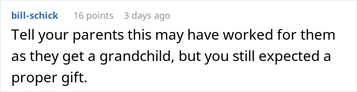 Reddit comment about pregnancy announcement not being a proper Christmas gift.