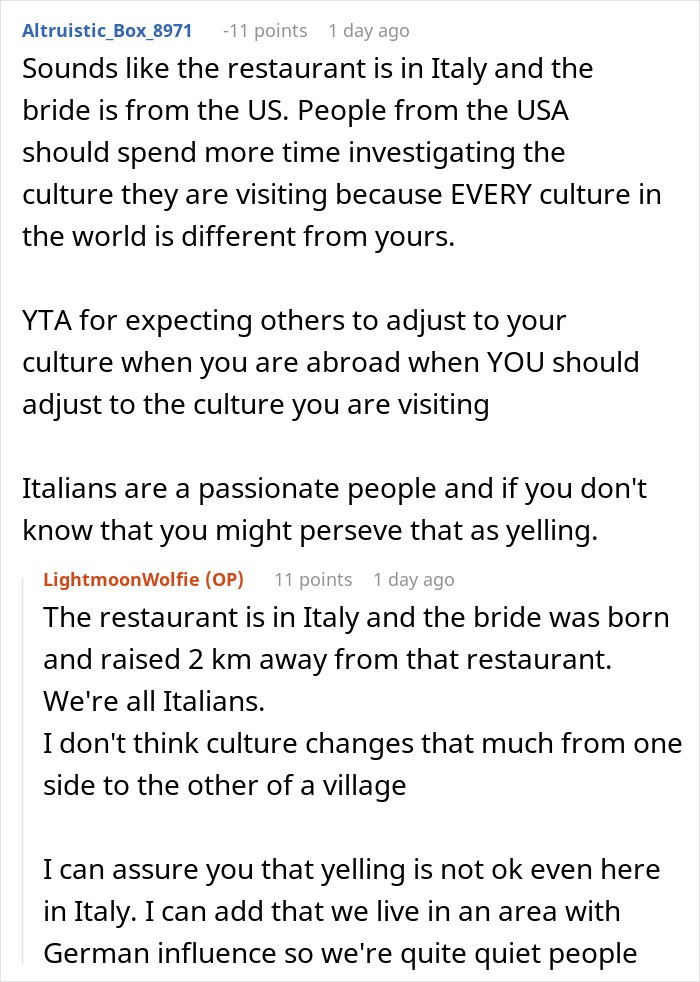 Discussion about cultural differences and a wedding caterer disagreement in Italy.