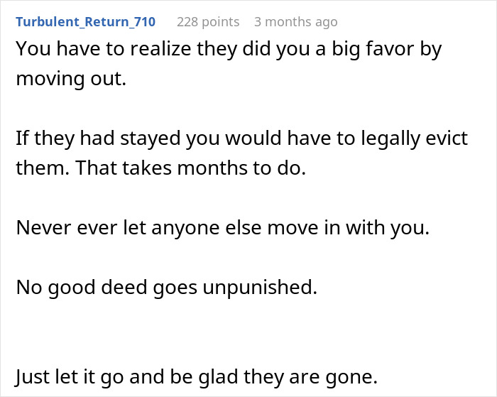 Text screenshot discussing family favor, eviction, and living arrangements advice.