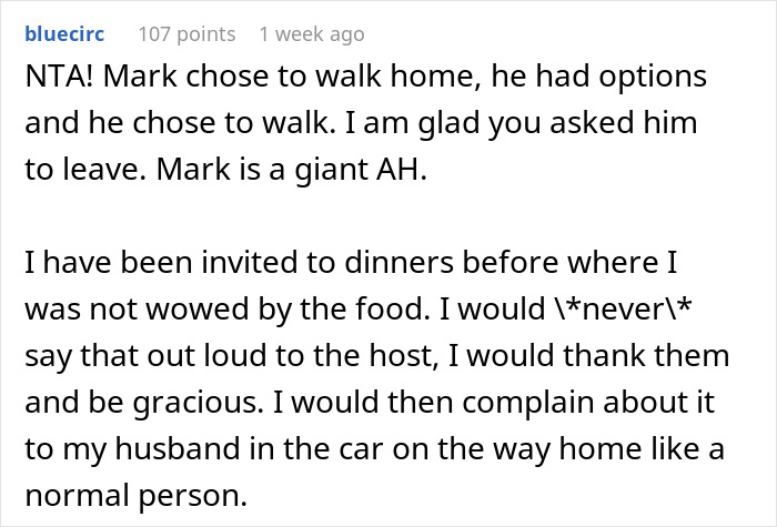 Reddit comment discussing a guest making snarky remarks about a friend's home-cooked meal and being asked to leave.