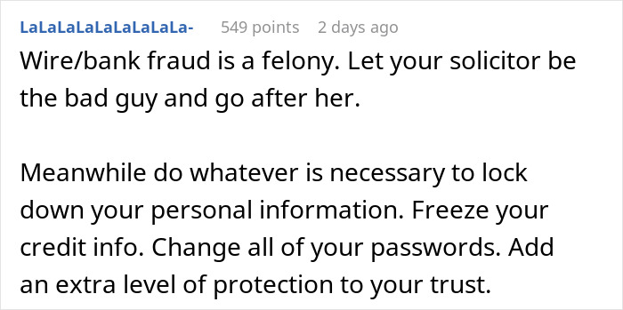 Reddit comment discussing fraud, advising legal action and data protection to secure trust funds.