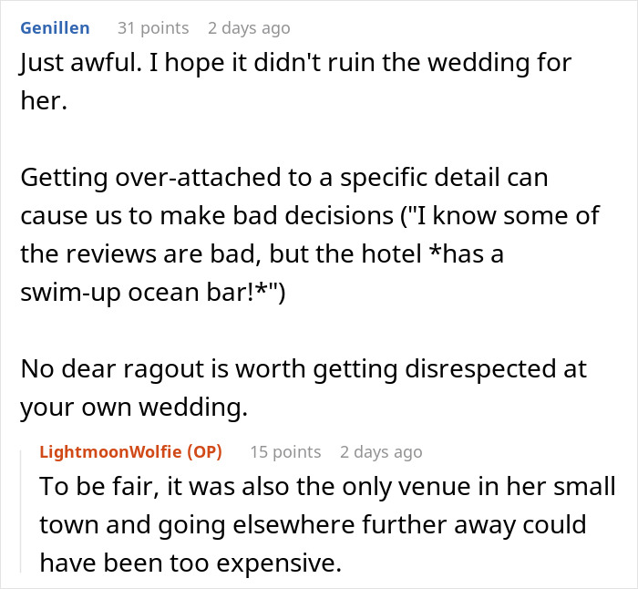 Reddit comments discuss a wedding caterer's dispute with a bride over menu choices.