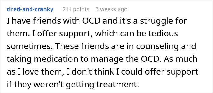 Screenshot of a comment discussing the challenges of offering support to friends with OCD.