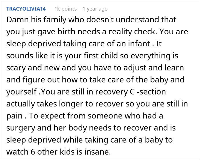 Comment criticizing family pressures on woman caring for newborn while recovering.