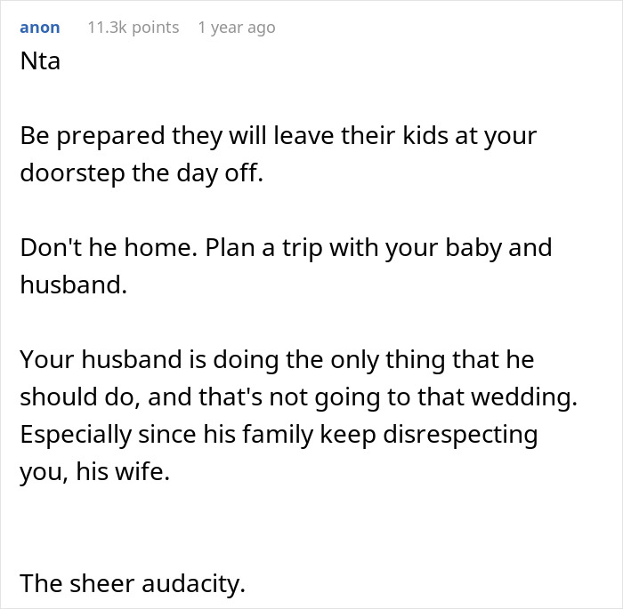 Text exchange discussing family pressure on woman to babysit during BIL's wedding, with a recommendation to decline.