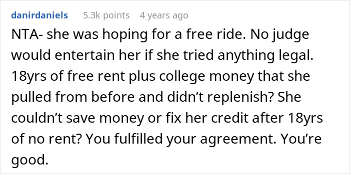 Screenshot of a Reddit comment discussing a woman's refusal to replenish a child's fund.