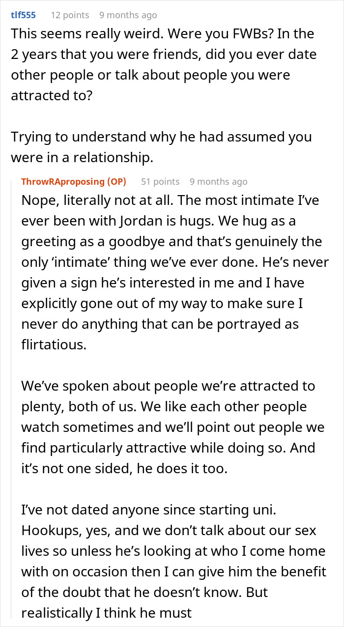 Reddit post discussing a friend's relationship boundaries and misunderstandings.