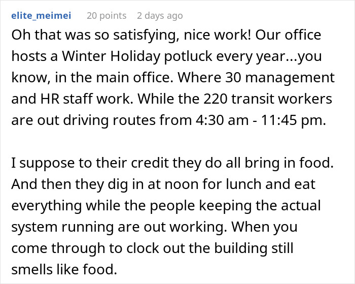 Text discussing a company potluck with disappointment for transit workers missing out while others enjoy food.