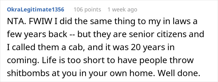 Reddit comment supporting the host for kicking out a guest making snarky remarks over a home-cooked meal.