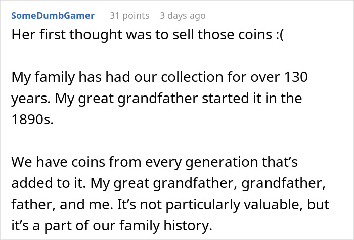 Text post discussing a woman's plan to sell heirloom coins, highlighting family history and heritage.