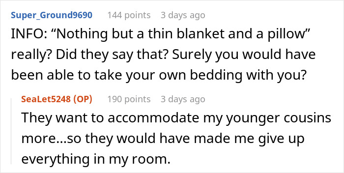 Reddit conversation about parents asking a teen to sleep in the basement to make relatives comfortable in his room.