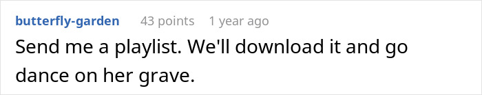 A Reddit comment joking about visiting a stepmother's grave in a weight loss context.