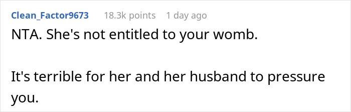 Reddit comment about woman facing pressure to become a surrogate after planning a hysterectomy.