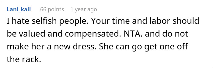 Comment supporting bridal shop owner, stressing value of time and labor over making free wedding dress.