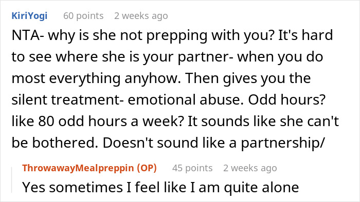 Reddit comments discussing a vegetarian wife upset over meal prep disagreements.