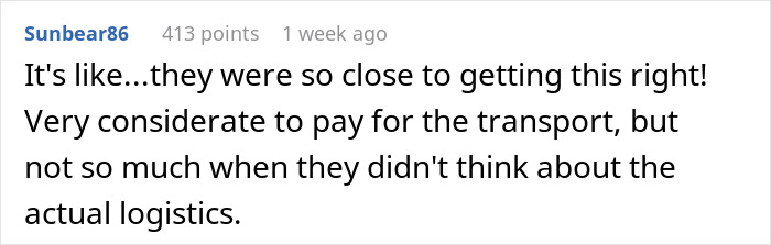 Comment discussing newlyweds booking a taxi for guests, mentioning logistics oversight.