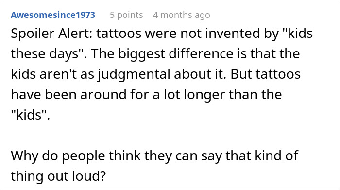 Reddit comment about tattoos, discussing judgmental attitudes and the history of tattoos beyond "kids these days.