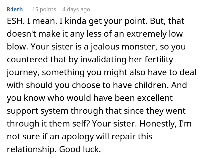 Reddit comment discussing a sibling dispute over invalidating a sister's fertility journey.